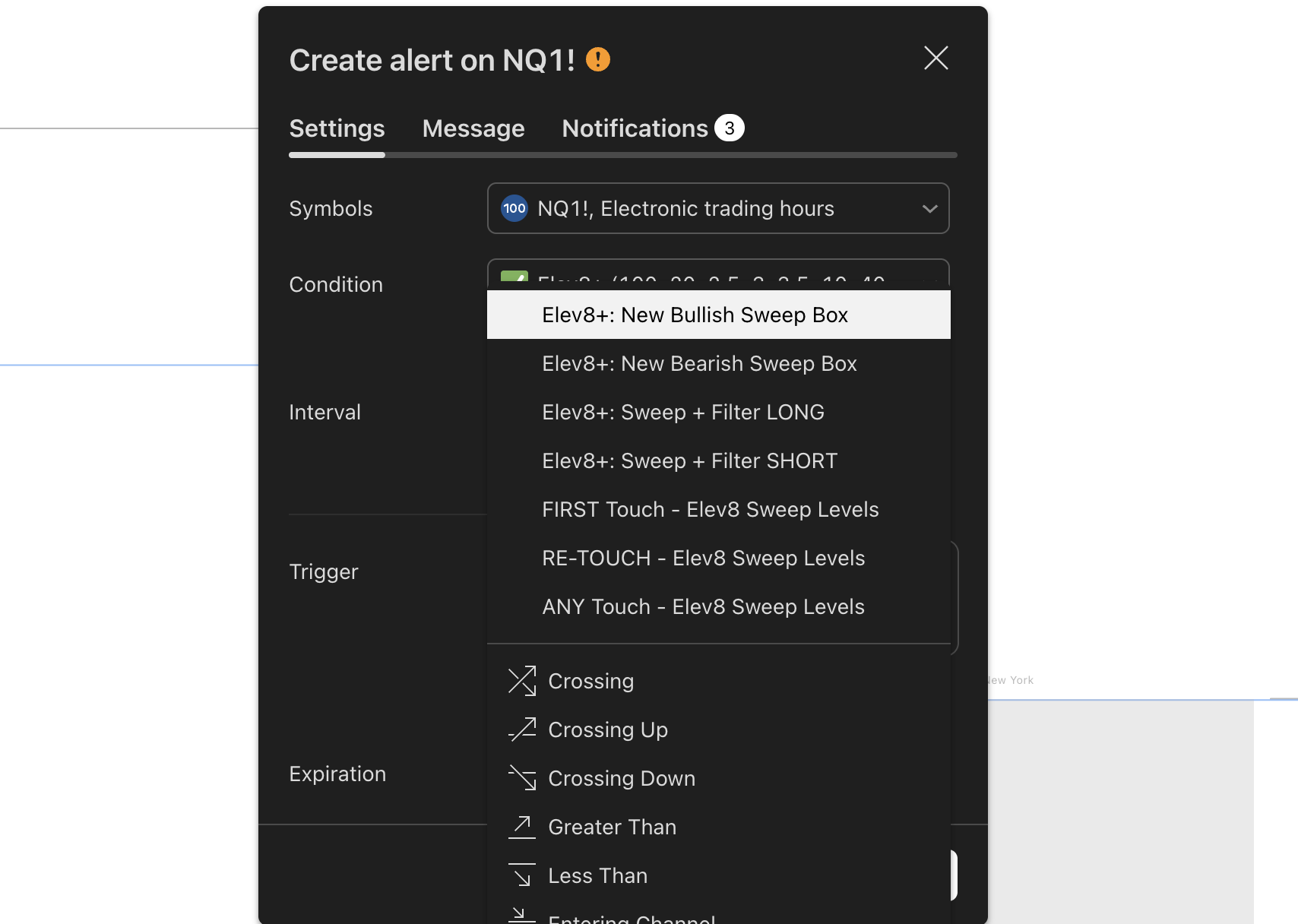 TradingView alert creation menu showing Condition dropdown and alert options