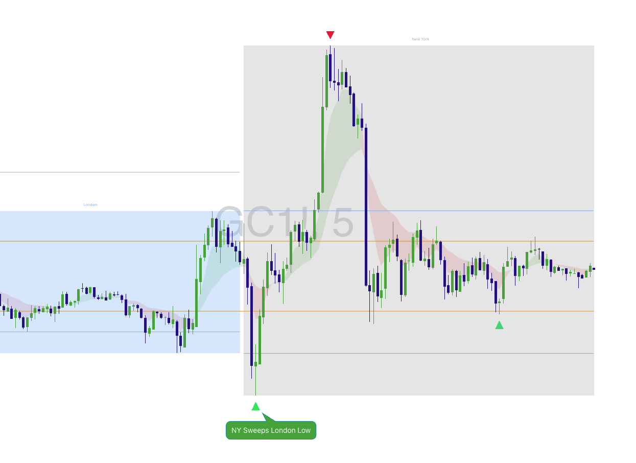 Gold 5m showing NY session sweeping the London low